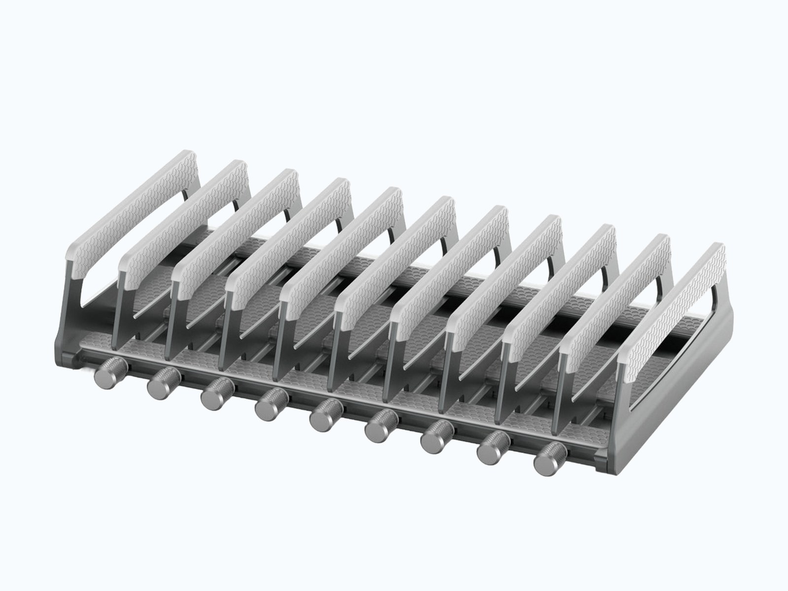 Elestoria 10 Slot Side-Adjust Stand: ten padded vertical slots with side thumb-screw adjusters