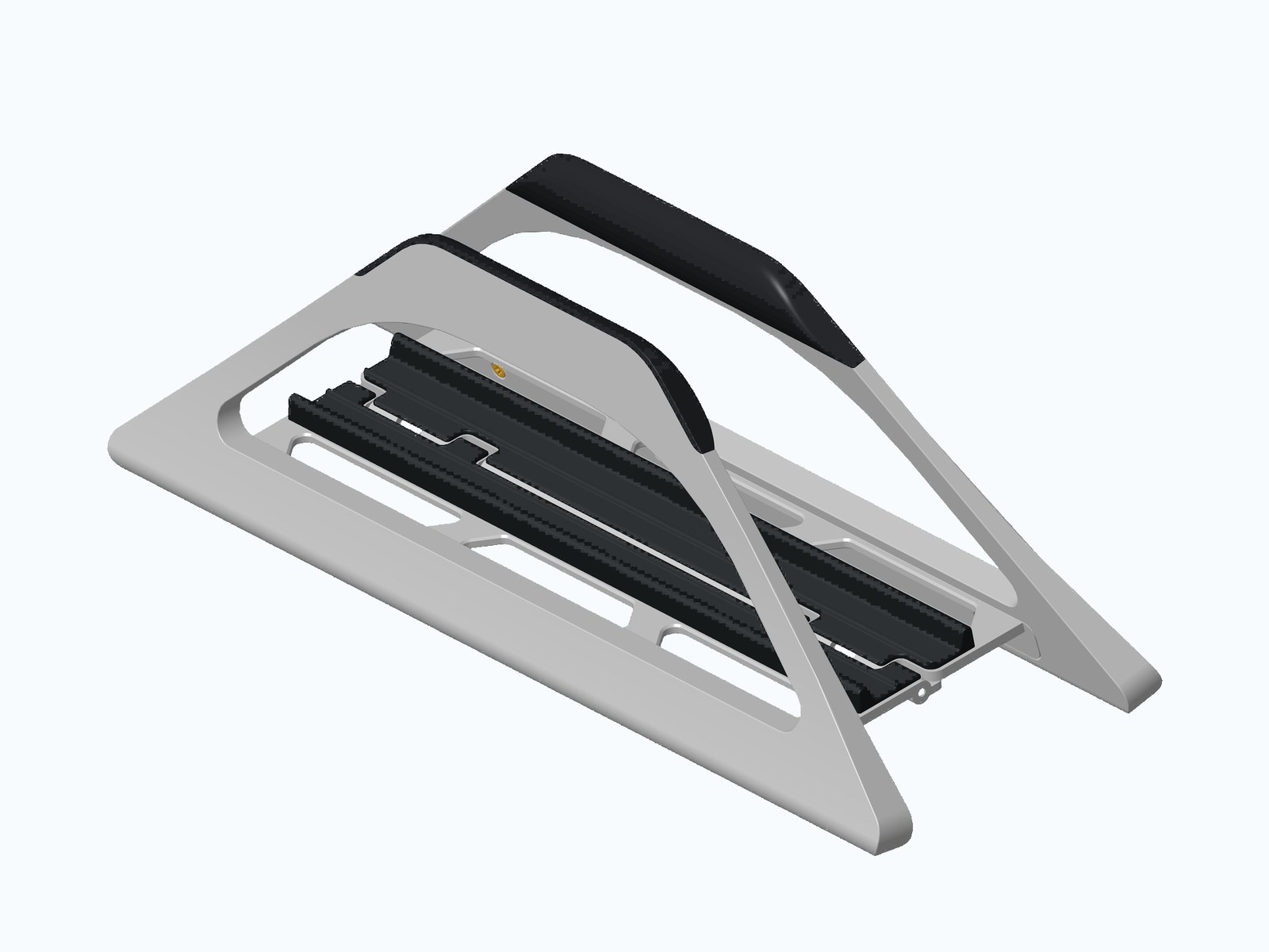 Original CAD render of the assembled gravity dock, three-quarter view showing the grip arms and rail carriage
