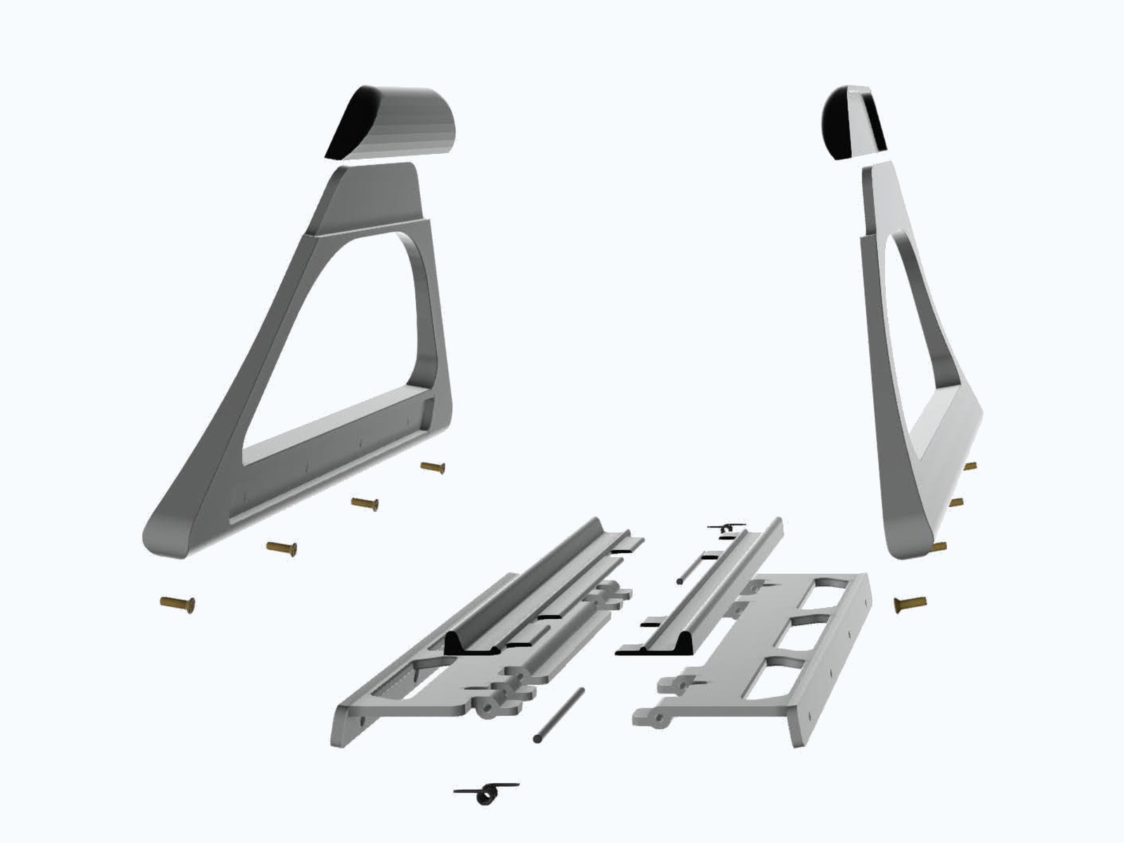 Wide exploded CAD view of the gravity dock: both grip arms lifted away from the rail carriage assembly, with springs, pins, and brass fasteners laid out