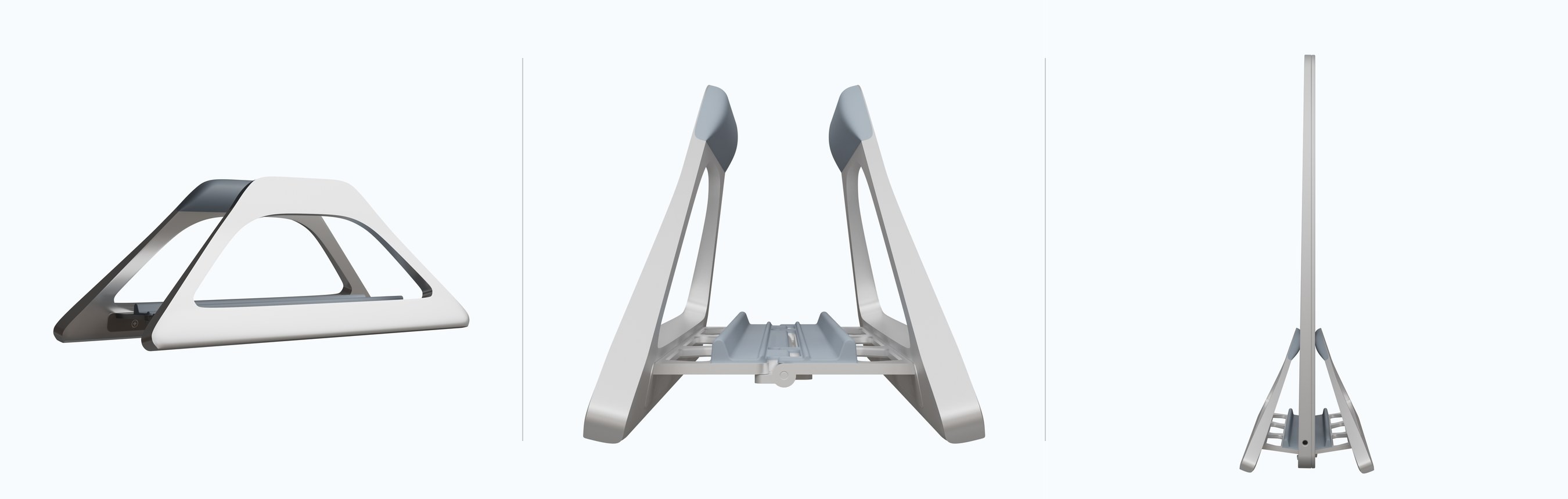 Three studio views of the gravity dock: assembled three-quarter view, grip arms open from the front, and a laptop docked seen edge-on